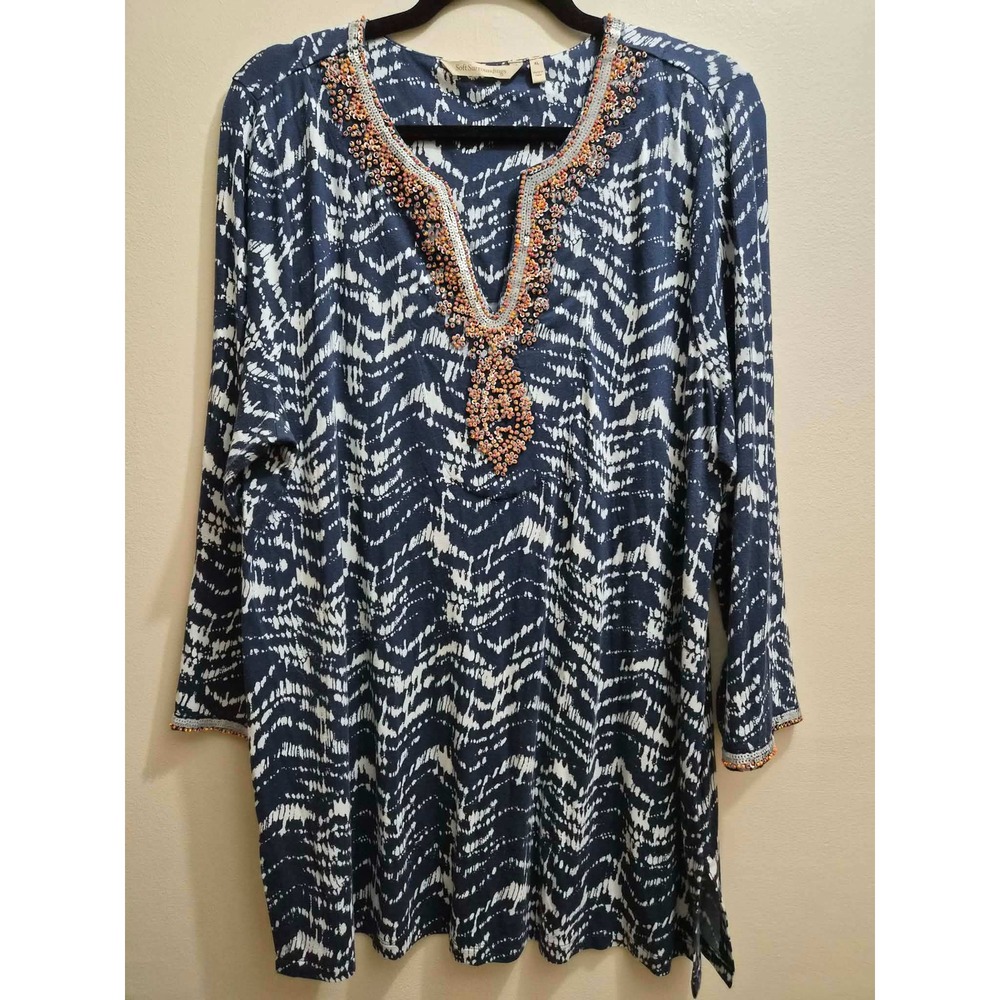 Soft Surroundings Beaded Sequin Tunic Top Navy White Ikat Print XL NWOT